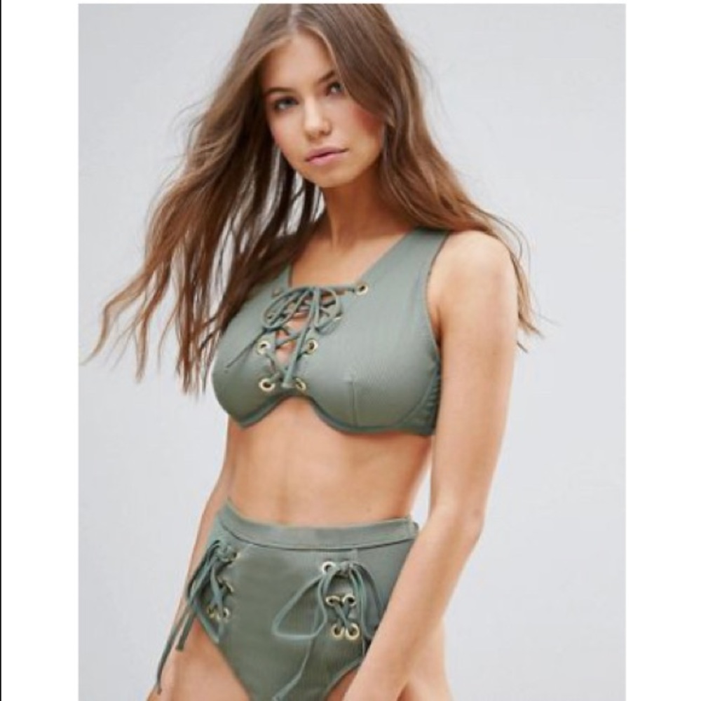 Lace-up High waisted Cheeky Olive Rib Bikini